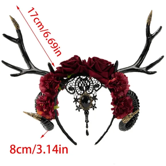 Gedehorn Blomster Hovedbøjle med Gevir til Fest Sceneoptrædener Hårbøjle Voksen Cosplay Hårbånd Karneval Forsyning Sort