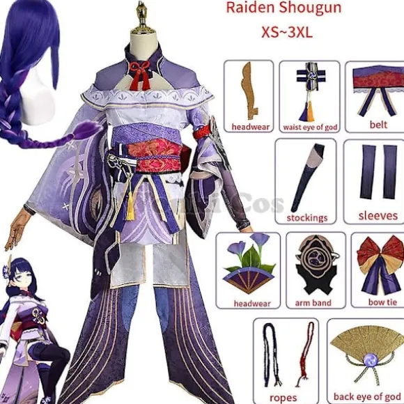 Genshin Impact Raiden Shogun Cosplay Kostume Paryk Lilla Langt Hår Halloween Kostumer Komplet Sæt Genshin Baal Shougun Cosplay L