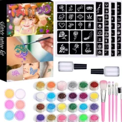 Glitter Tattoo Kit 120 Stencils Piger Drenge Ansigts- og Kropskunst Værktøjssæt