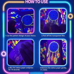 Glow-in-the-Dark Tatoveringssæt – 172 Midlertidige Tatoveringer – Neon Festtilbehør til Voksne og Teenagere – Festdekorationer – 1 Sæt