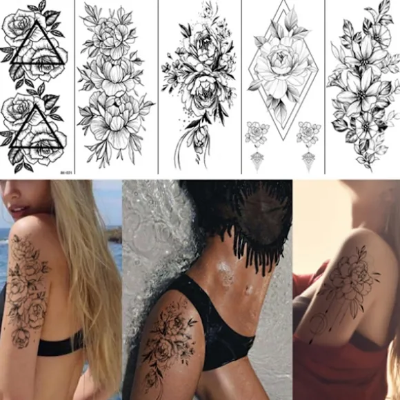 Gnidningsfingre - midlertidige tatoveringer med blomstermotiver 8 stk. Sort
