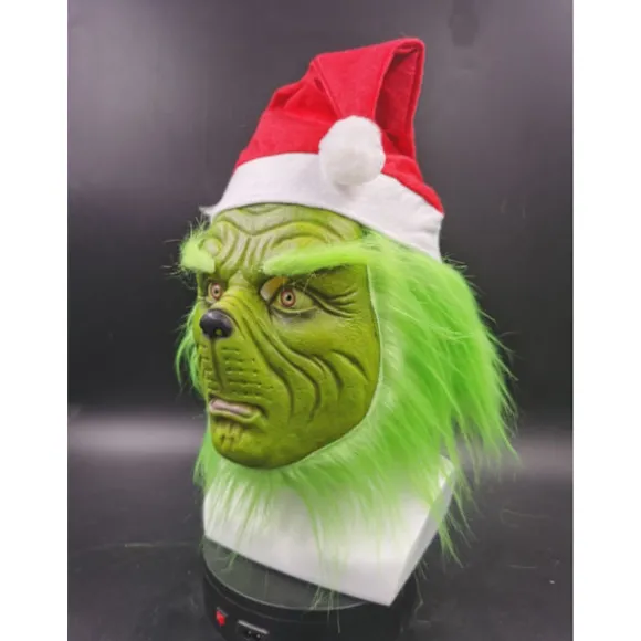 Grinch Latex Hovedmaske med Paryk Julemand Hat Monster Cospla