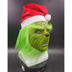 Grinch Latex Hovedmaske med Paryk Julemand Hat Monster Cospla