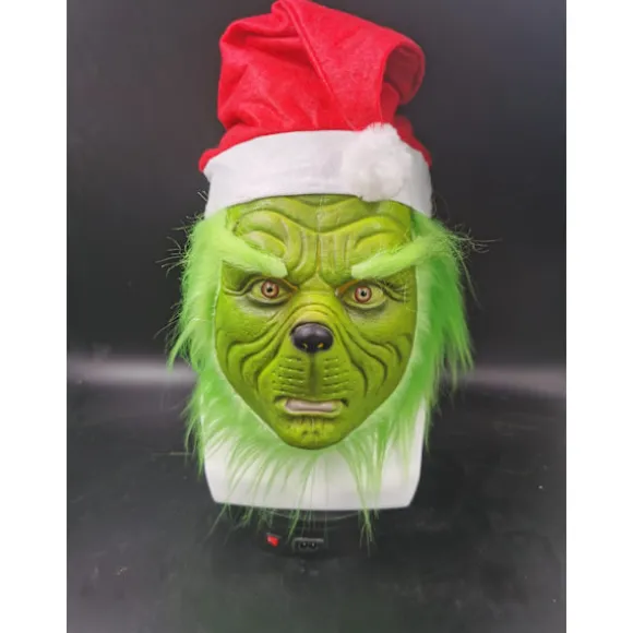 Grinch Latex Hovedmaske med Paryk Julemand Hat Monster Cospla
