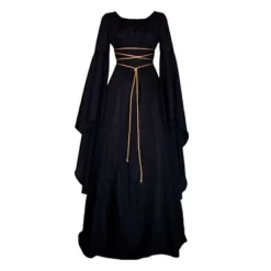 Halloween Dame Middelalder Lang Maxi Kjole Heks Cosplay Tøj Julekostume Heksekjole Sort L Black