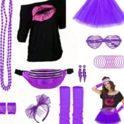 Halloween Glow Party Sæt med Neon Halskæde, Silikone Armbånd, Nederdel og Laser Sport Taljetaske Purple 2 XL