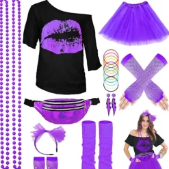 Halloween Glow Party Sæt med Neon Halskæde, Silikone Armbånd, Nederdel og Laser Sport Taljetaske Purple 2 XL