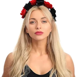 Halloween Gotisk Blomsterkrans med Sort Slør Hårbånd Cosplay Bryllup Hovedbeklædning Kostume Hovedbeklædning Tilbehør Red/Short