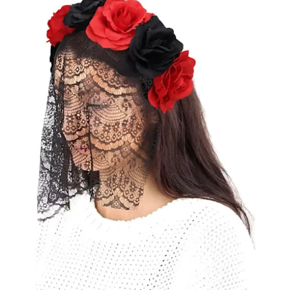 Halloween Gotisk Blomsterkrans med Sort Slør Hårbånd Cosplay Bryllup Hovedbeklædning Kostume Hovedbeklædning Tilbehør Red/Short