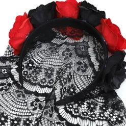 Halloween Gotisk Blomsterkrans med Sort Slør Hårbånd Cosplay Bryllup Hovedbeklædning Kostume Hovedbeklædning Tilbehør Red/Short