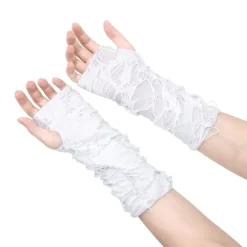 Halloween Gotiske Fingerløse Handsker til Kvinder og Mænd - Distressed Mesh Design, Ideelt Kostumetilbehør til Halloweenfester og Cos white