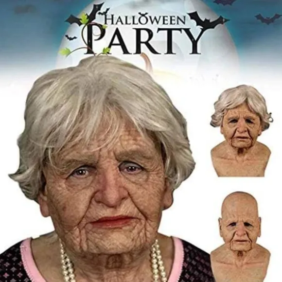 Halloween Gummimaske, Ældre Mand Hovedbeklædning Realistisk Silikonemaskerade Helhoved Besværlig Rekvisit Gammel Kvinde