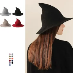 Halloween Heks Hat Troldmandshat Kvinder Bred Skygge Spir Sort Uld Strikket Hue Karneval Party Cosplay