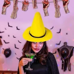 Halloween Heksehat - Spids Gul Filt Troldmandshat med Stor Skygge, Cosplay Udklædningstilbehør L