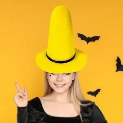 Halloween Heksehat - Spids Gul Filt Troldmandshat med Stor Skygge, Cosplay Udklædningstilbehør L