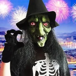 Halloween Horror Gammel Hexe Maske Med Hat Cosplay Gyser Klovn Hag Latexmasker Grøn Ansigt Stor Næse Gammel Kvinde Kostume Party Props