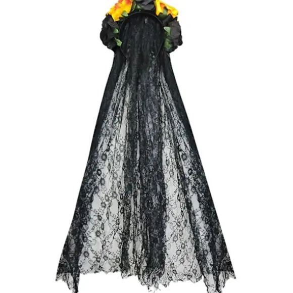 Halloween Hårbøjle til Kvinder Sort Slør Blonde Hårbøjle Blomster Catrina Party Hovedbeklædning Spøgelsesbrud Dekorationer (Sort + Gul)