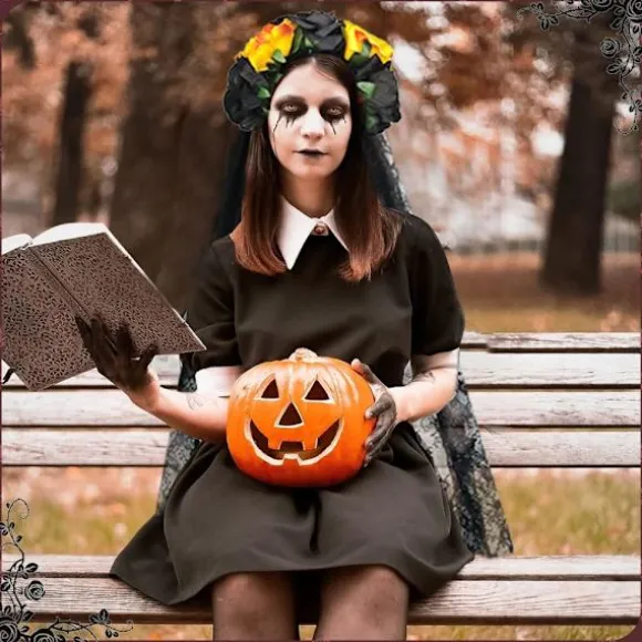 Halloween Hårbøjle til Kvinder Sort Slør Blonde Hårbøjle Blomster Catrina Party Hovedbeklædning Spøgelsesbrud Dekorationer (Sort + Gul)
