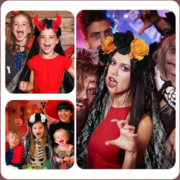 Halloween Hårbøjle til Kvinder Sort Slør Blonde Hårbøjle Blomster Catrina Party Hovedbeklædning Spøgelsesbrud Dekorationer (Sort + Gul)