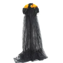 Halloween Hårbånd til Kvinder Sort Slør Blondehårbånd Blomster Catrina Party Hovedbeklædning Spøgelsesbrud Dekorationer (Sort + Gul)