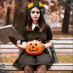 Halloween Hårbånd til Kvinder Sort Slør Blondehårbånd Blomster Catrina Party Hovedbeklædning Spøgelsesbrud Dekorationer (Sort + Gul)