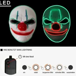 Halloween maske, LED maske med 3 flash tilstande klovn maske til børn mand kvinde, jul, karneval