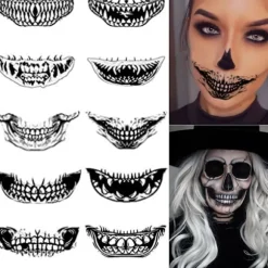 Halloween Midlertidige Tatoveringer Mund Mørk Sort Ansigt Mund Tænder Klistermærker Terror Ornamenter til Voksne Børn 10 stk Halloween Tatoveringer Klistermærker XL(180-190CM) | Fyndiq