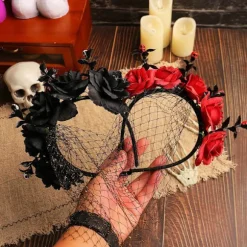 Halloween Rose Blomster Hovedbøjle med Slør til Kvinder Festlig Party Cosplay Kostume Hovedbeklædning Rød Red
