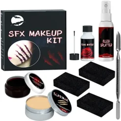 Halloween SFX Makeup Kit Zombie Vampire Skin Wax Falsk Blod Gel Ar Vand Blod Spray Svamp Sølv Skraber Cosplay