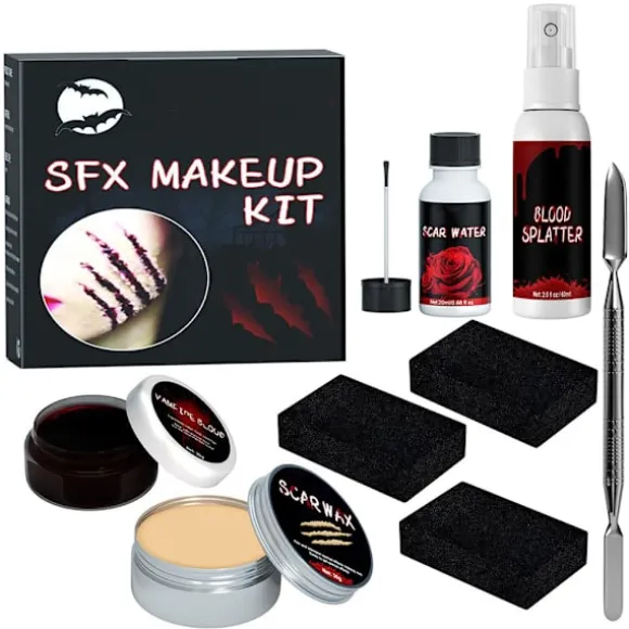 Halloween SFX Makeup Kit Zombie Vampire Skin Wax Falsk Blod Gel Ar Vand Blod Spray Svamp Sølv Skraber Cosplay