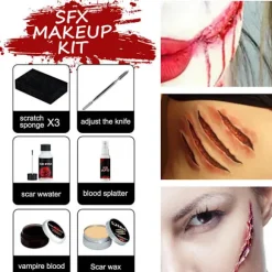 Halloween SFX Makeup Kit Zombie Vampire Skin Wax Falsk Blod Gel Ar Vand Blod Spray Svamp Sølv Skraber Cosplay