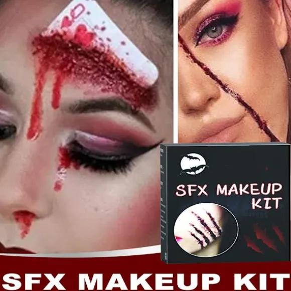 Halloween SFX Makeup Kit Zombie Vampire Skin Wax Falsk Blod Gel Ar Vand Blod Spray Svamp Sølv Skraber Cosplay