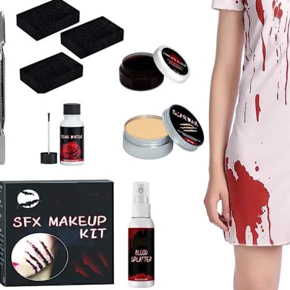 Halloween SFX Makeup Kit Zombie Vampire Skin Wax Falsk Blod Gel Ar Vand Blod Spray Svamp Sølv Skraber Cosplay