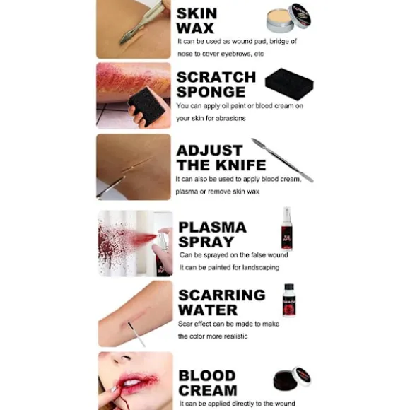 Halloween SFX Makeup Kit Zombie Vampire Skin Wax Falsk Blod Gel Ar Vand Blod Spray Svamp Sølv Skraber Cosplay