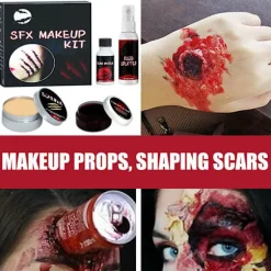 Halloween SFX Makeup Kit Zombie Vampire Skin Wax Falsk Blod Gel Ar Vand Blod Spray Svamp Sølv Skraber Cosplay