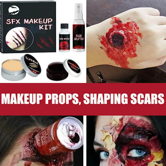 Halloween SFX Makeup Kit Zombie Vampire Skin Wax Falsk Blod Gel Ar Vand Blod Spray Svamp Sølv Skraber Cosplay