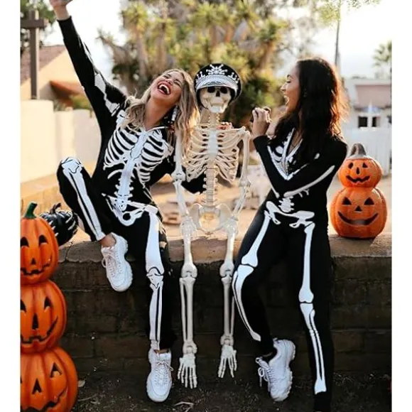 Halloween Skelet Kostume til Kvinder - Komfortabel og Simpel Voksen Jumpsuit Bodysuit - Print foran og bagpå med Lynlås{AZC}