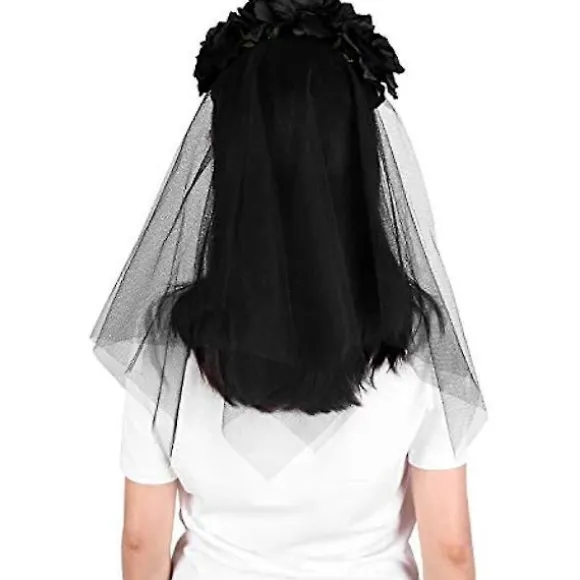 Halloween Sort Slør med Rose Blomsterkrans Gotisk Ligbrud Slør Kostume Hovedbeklædning Blomsterkrans Krans Brude Bryllup Slør Fascinatorer Tilbehør