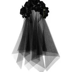 Halloween Sort Slør med Rose Blomsterkrans Gotisk Ligbrud Slør Kostume Hovedbeklædning Blomsterkrans Krans Brude Bryllup Slør Fascinatorer Tilbehør