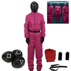 Halloween Squid Game Rollespils Bodysuit Cosplay Kostumesæt - HZ Rose Rød + Trekant Maske Rose Rød + Trekant Maske rose red + triangle mask 140cm