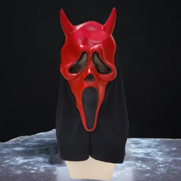 Halloweenmaske – Scream Maske – Skrigende Maske med Horn – Spøgelseshus & Maskerade – Halloween Gyser Scream Maske – Latex Materiale – 48x18 cm