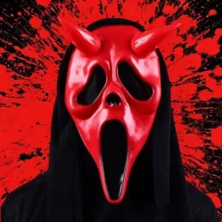 Halloweenmaske – Scream Maske – Skrigende Maske med Horn – Spøgelseshus & Maskerade – Halloween Gyser Scream Maske – Latex Materiale – 48x18 cm