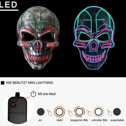 Halloween-maske, LED-maske med 3 blinkende tilstande kraniemaske til børn