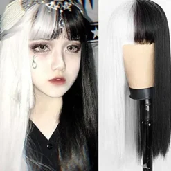 Halv sort halv hvid paryk med pandehår langt glat hår Cosplay N,CJY