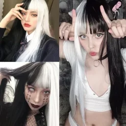 Halv sort halv hvid paryk med pandehår langt glat hår Cosplay N,CJY