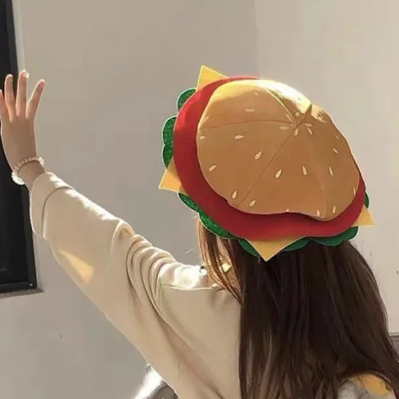 Hamburgerhat til voksne, sød, sjov, realistisk, hyggelig, elastisk, kostumetilbehør, blød, herre, dame, fastfood-hamburgerhue til gave