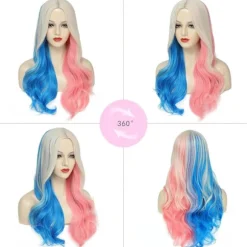 Harley Quinn Cosplay Paryk til Kvinder - Lang Blond med Blå & Pink Spidser[JUN]