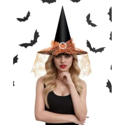 Heksehat til kvinder, blondenet, elegant kostume, troldmand kostume tilbehør til cosplayfester Orange Lace-yux Orange Lace
