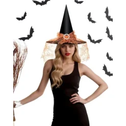 Heksehat til kvinder, blondenet, elegant kostume, troldmand kostume tilbehør til cosplayfester Orange Lace-yux Orange Lace