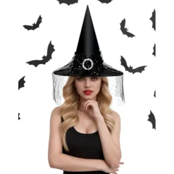 Heksehat til kvinder, blonde mesh, elegant kostume, troldmandskostume tilbehør til cosplayfester Black Lace